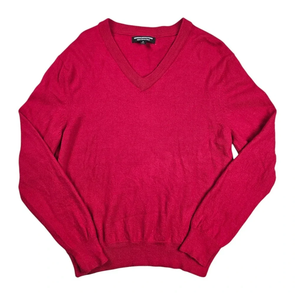 Express Design Studio Italian Merino Wool Sweater Mens Size Medium Red V-Neck‎